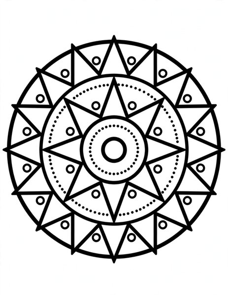 Triangle Trek Mandala coloring page: Triangles march in bold rings.