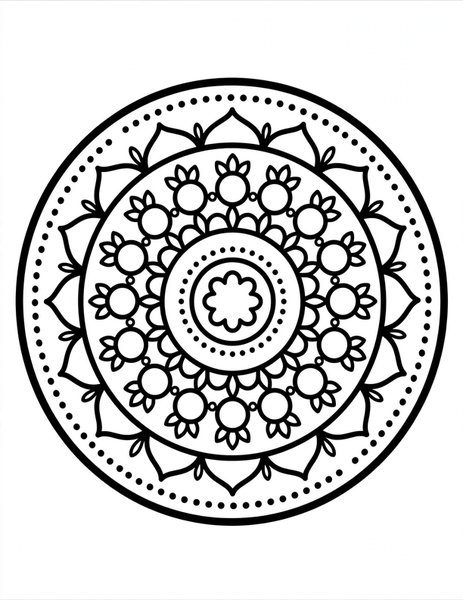 Circle Dance Mandala coloring page: Rings of circles ripple outward.