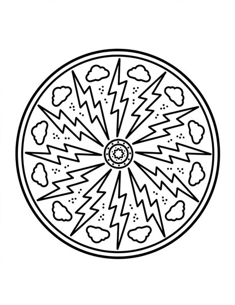 Zigzag Lightning Mandala coloring page: Zigzags crackle around the center.