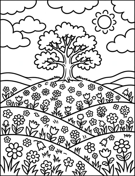 Wildflower Hill coloring page: A hill bursts with wildflowers.