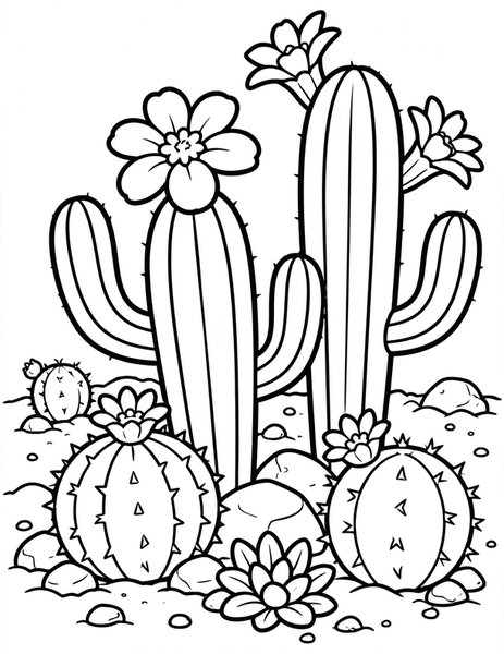 Cactus Garden coloring page: Cacti bloom in the desert.