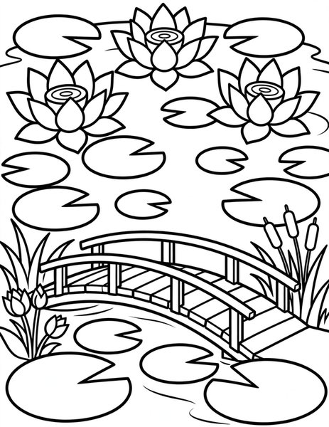 Lotus Pond coloring page: Lotus blossoms float on still water.