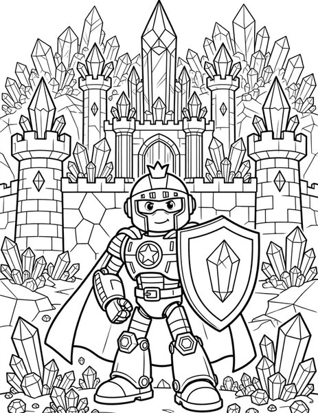 Robot Knight coloring page: A brave robot knight guards a shiny crystal castle.
