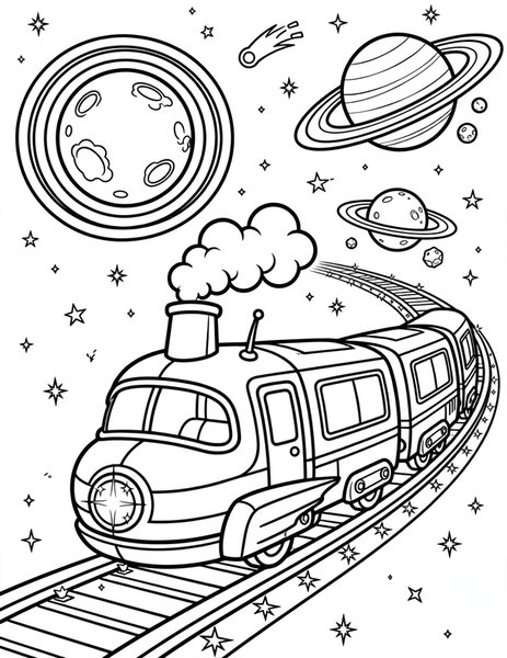 Galaxy Train coloring page: A space train chugs past planets on glowing rails.