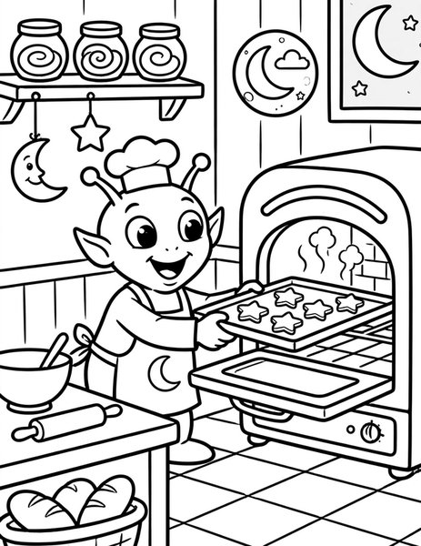 Alien Bakery coloring page: An alien bakes star-shaped cookies in a moon bakery.