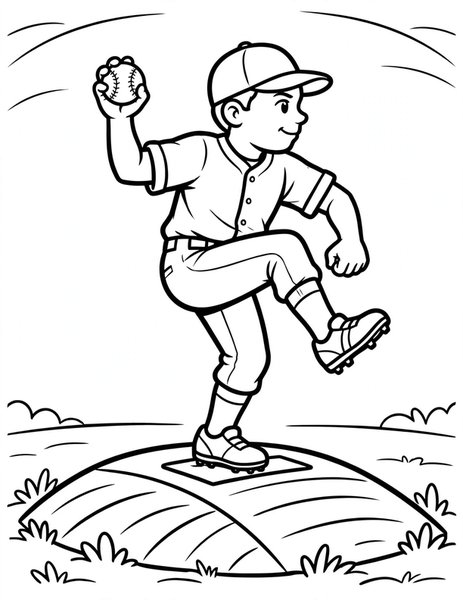 Pitcher's Mound coloring page: The pitcher winds up to throw.