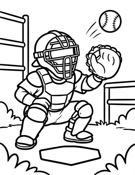 Catcher's Gear coloring page: The catcher crouches behind home.