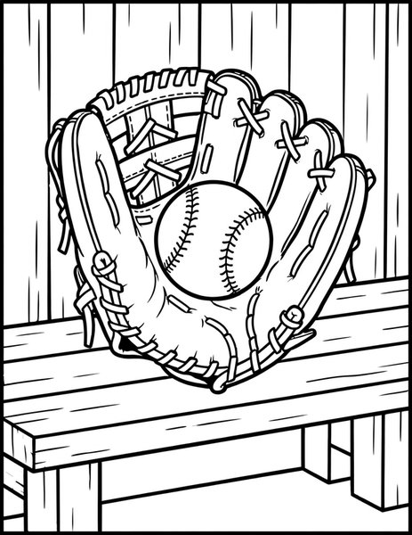 Glove and Ball coloring page: A worn glove holds a fresh ball.