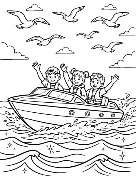 Speedboat Splash coloring page: A speedboat skims across sparkling waves.
