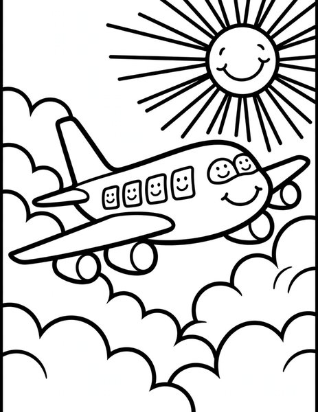 Airplane Adventure coloring page: A jumbo jet soars above the clouds.