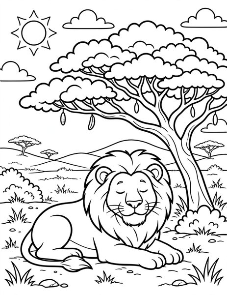 Lion King Nap coloring page: A big lion rests under an acacia tree.