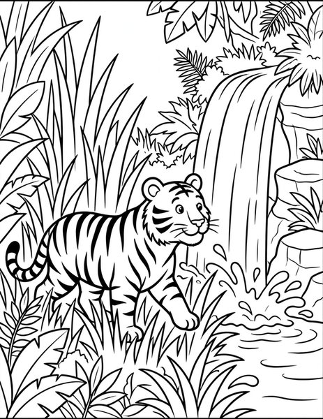 Striped Tiger coloring page: A tiger pads through tall jungle grass.