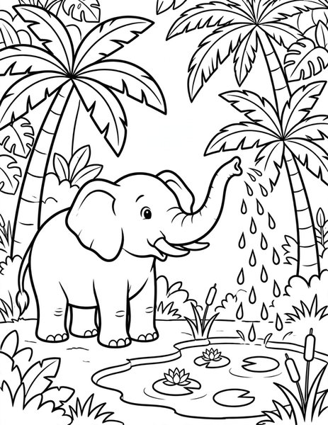 Gentle Elephant coloring page: An elephant sprays water with its trunk.