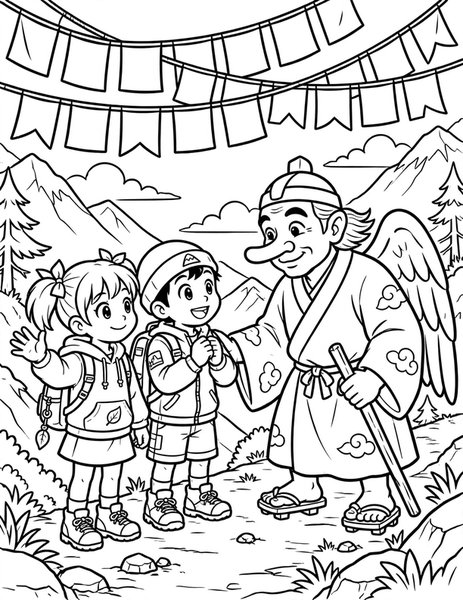 Tengu Mountain Climb coloring page: Kids meet a long-nosed tengu on a trail.