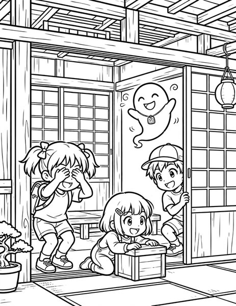 Zashiki Warashi Hide coloring page: Kids play hide and seek with a spirit.