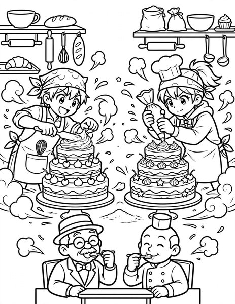 Bake-Off Battle coloring page: Two bakers race to frost cakes.