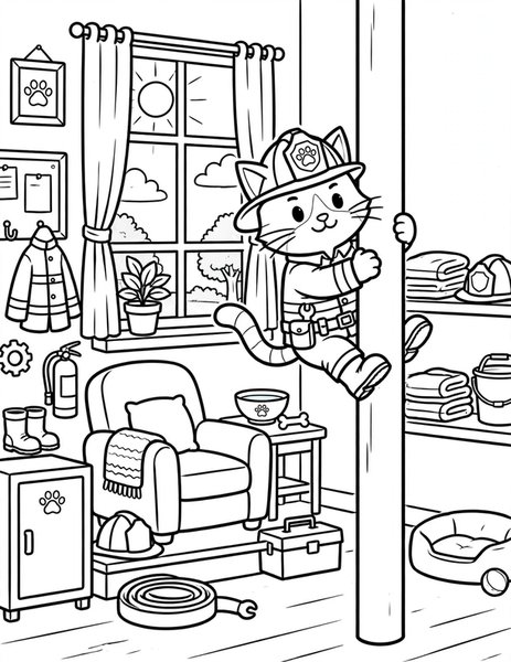 Firefighter Cat coloring page: A cat slides down the fire pole.