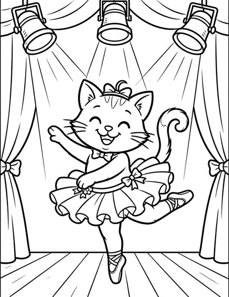 Ballerina Cat coloring page: A cat twirls in a tutu.