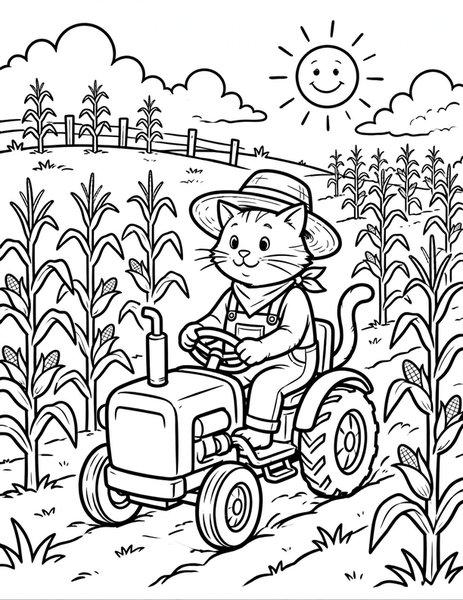 Farmer Cat coloring page: A cat drives a tiny tractor.