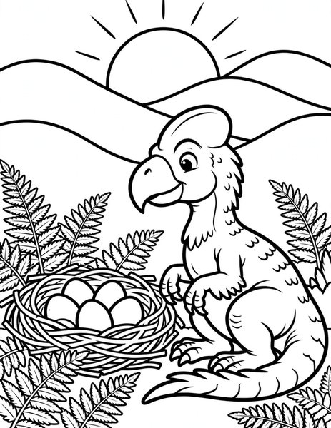 Oviraptor Nest coloring page: An oviraptor guards a nest full of round eggs.