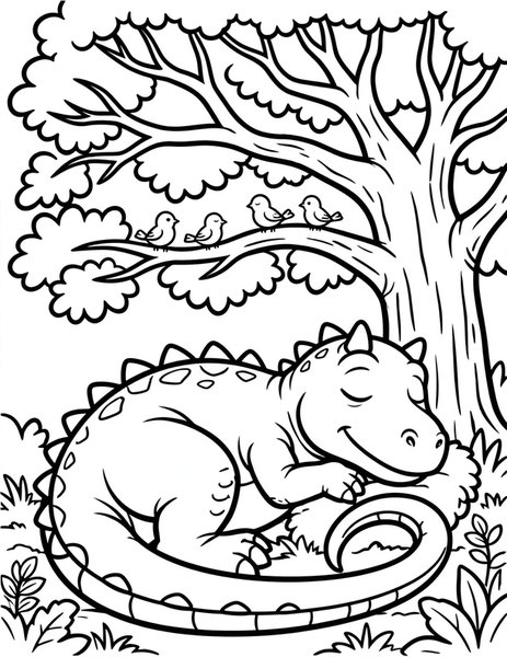 Allosaurus Nap coloring page: A sleepy allosaurus naps under a shady tree.
