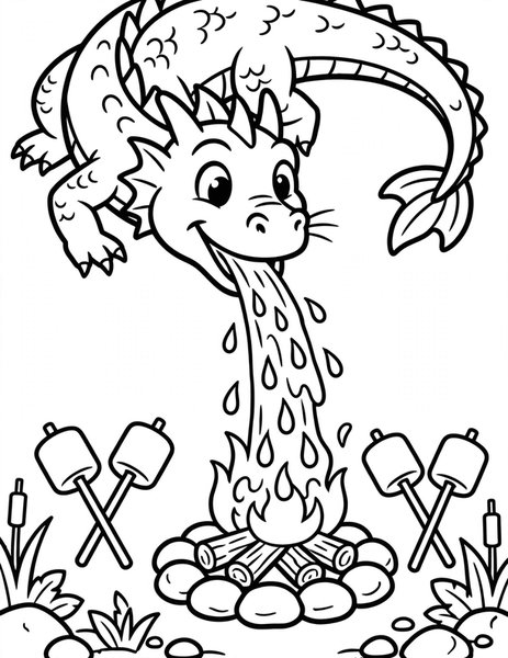 Dragon Firefighter coloring page: A water dragon puts out a campfire.