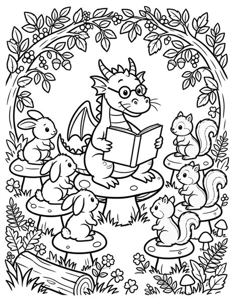 Library Dragon coloring page: A wise dragon reads stories to baby animals.