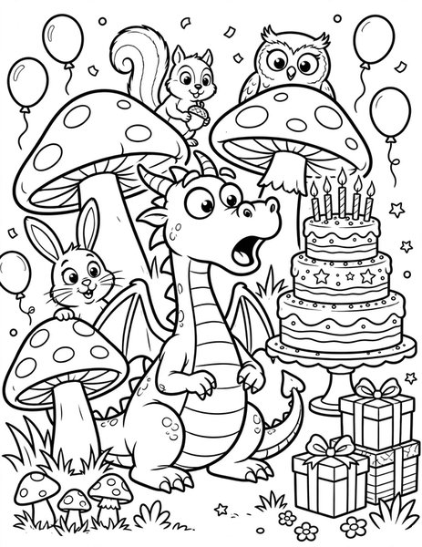 Dragon Birthday Bash coloring page: Friends surprise a dragon with a birthday party.