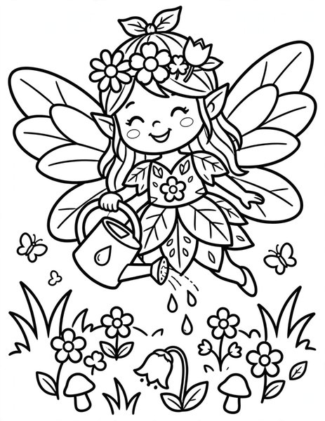 Garden Fairy coloring page: A fairy tends the flowers.