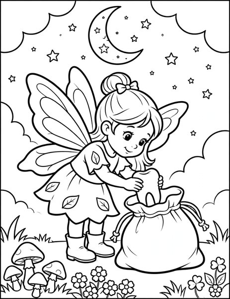 Tooth Fairy coloring page: The tooth fairy collects a tooth.