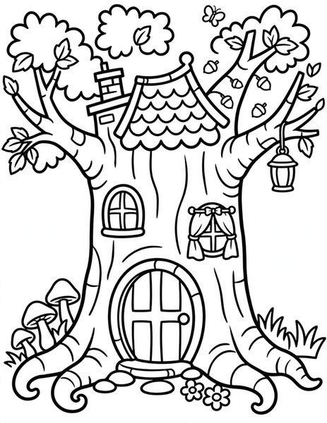 Fairy House coloring page: A cozy house in an old tree.