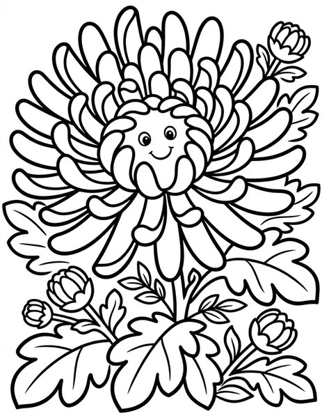 Chrysanthemum Cheer coloring page: A cheery chrysanthemum bursts open.