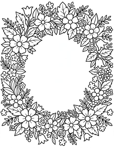 Detailed Wildflower Wreath coloring page: A wildflower wreath in fine lines.