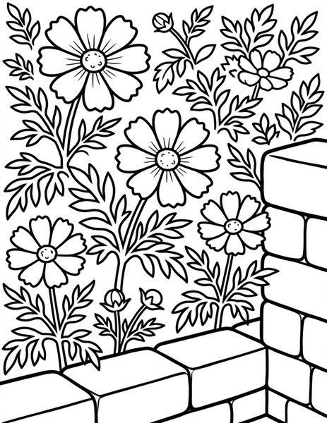 Cosmos Corner coloring page: Cosmos bloom in a garden corner.