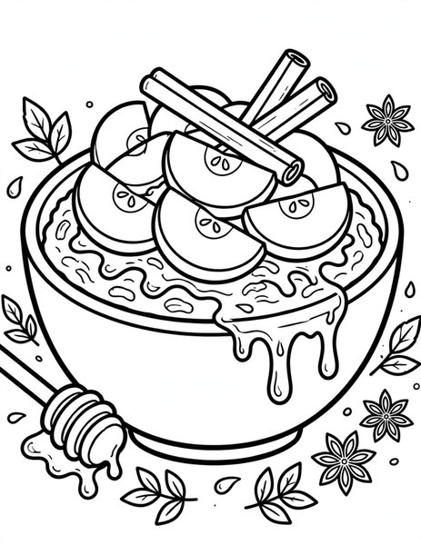 Oatmeal coloring page: A warm bowl of oatmeal with honey.