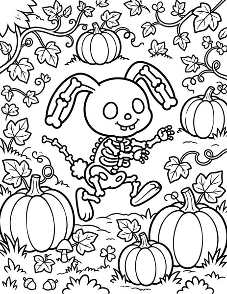 Skeleton Bunny coloring page: A bony little bunny hops through a pumpkin patch with floppy ears.