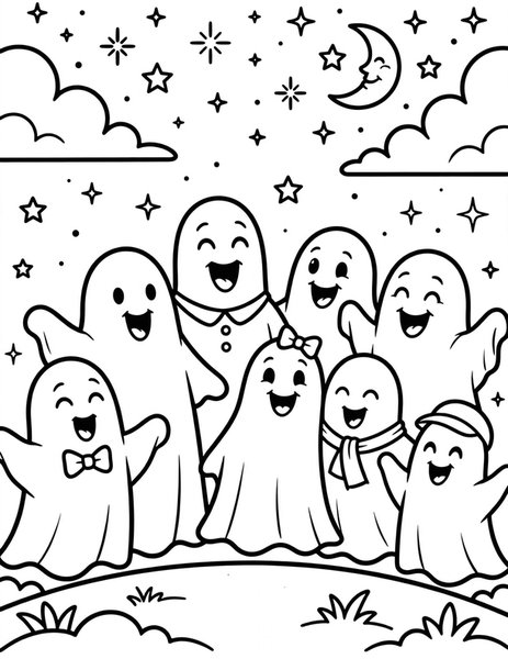 Ghost Choir coloring page: A choir of happy ghosts sings together under a starry Halloween sky.