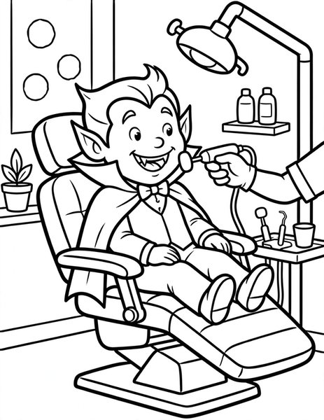 Vampire Dentist coloring page: A friendly vampire sits in the dentist chair getting his fangs polished.