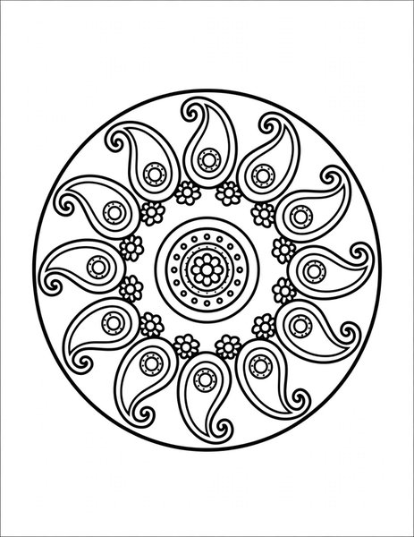 Paisley Swirl Mandala coloring page: Paisley teardrops curl elegantly.