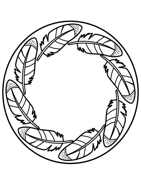 Feather Fall Mandala coloring page: Feathers drift down in rings.