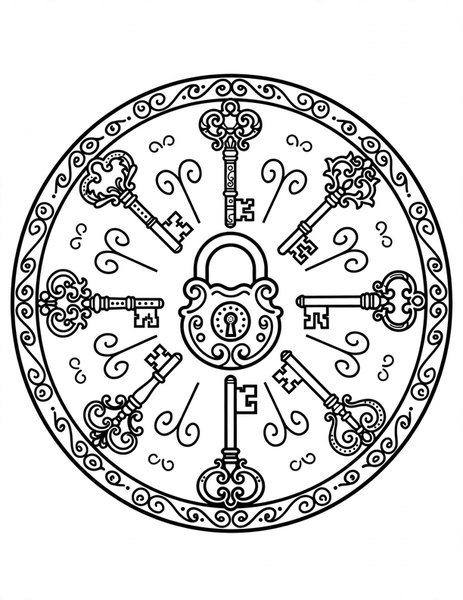 Key and Lock Mandala coloring page: Antique keys circle a fancy lock.
