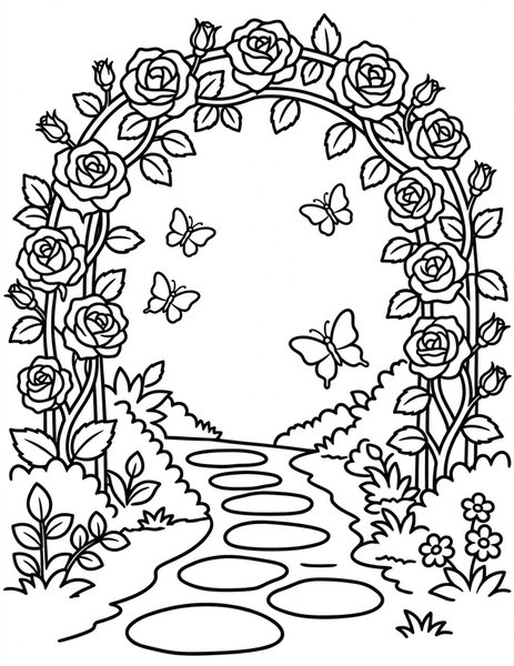 Flower Arch coloring page: An arch of roses frames the path.
