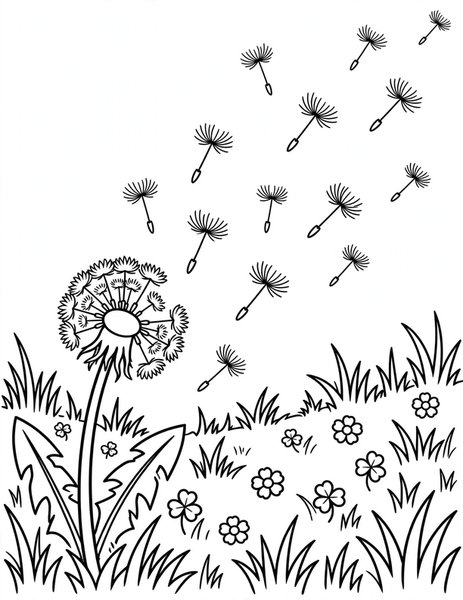 Dandelion Wish coloring page: Seeds float from a dandelion.