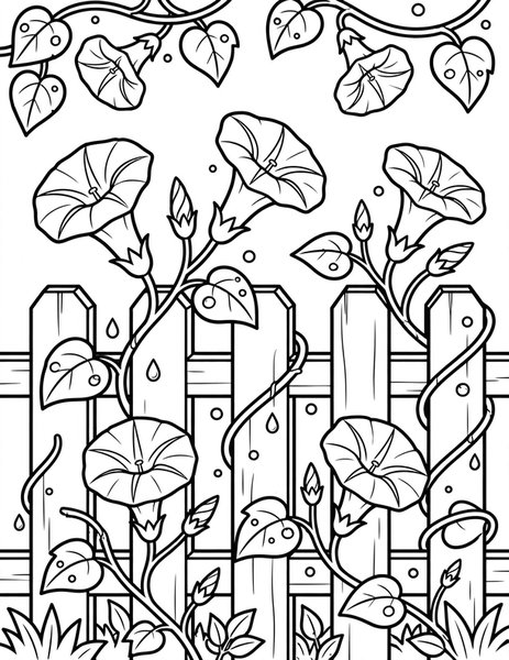 Morning Glory coloring page: Morning glories climb the fence.