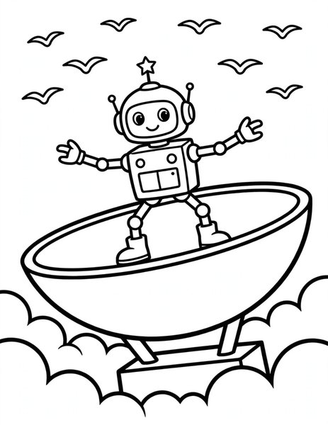 Satellite Surfer coloring page: A robot surfs on a satellite dish above the clouds.