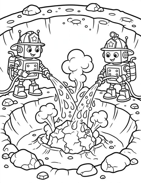 Space Firefighters coloring page: Robot firefighters put out a meteor fire.