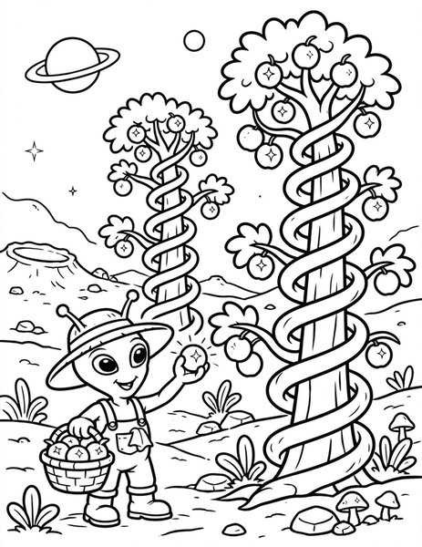 Alien Farm coloring page: An alien farmer harvests glowing fruit from tall trees.