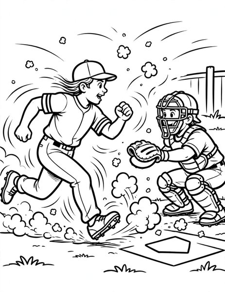 Rounding Bases coloring page: A runner sprints toward home plate.