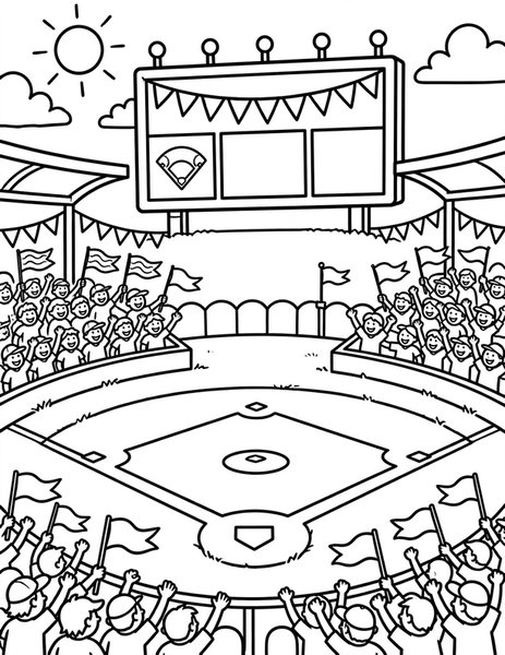 Ballpark Day coloring page: A sunny ballpark full of fans.