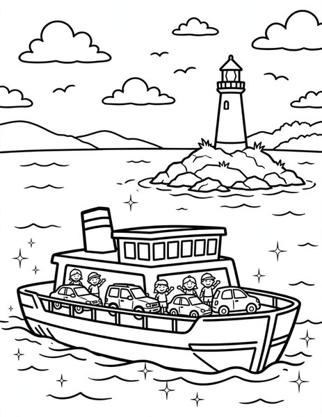 Ferry Ride coloring page: A ferry carries cars across the bay.